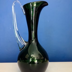 Vintage Mid-Century Emerald Green Empoli Glass Ewer Jug with Clear Handle