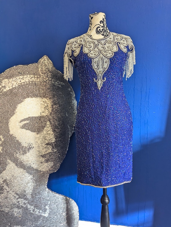 blue art deco dress Vintage 80s Scala Beaded Silk – Royal Tassels, UK 8-10 The fully beaded design Size:S/M (UK 10) Top Styles rag & bone Lucia