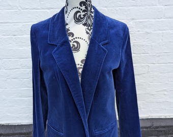 Vintage Cobalt Blue Velvet Blazer UK 12-14: Gender-Neutral Cotton Jacket