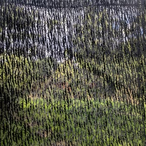 May include: A black mesh fabric featuring a dense, vertical, and textured pattern of raised, fuzzy, dark fibers. The material is semi-transparent, allowing a view of a green and light-colored background through the gaps in the weave.