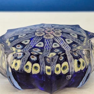 Vintage Strathearn Glass Millefiori Paperweight – Blue & White Latticino Starburst Design | Mid-Century Scottish Art Glass