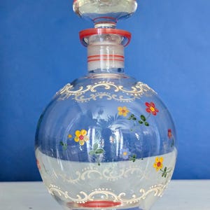 Vintage 1920s Art Deco Decanter: Hand-Painted Floral Glass Bottle