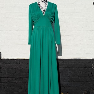 Vintage 1980s Emerald Green John Charles Maxi Dress | Long Sleeve Evening Gown | UK 8-10 | Elegant Draped Formal Dress | Made in England
