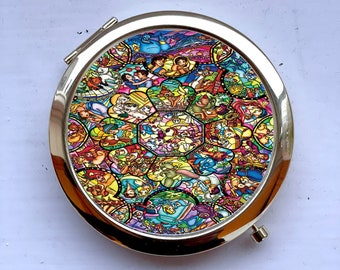 Stained Glass Disney Universe Pattern Aladdin Dumbo Mickey Minnie Gift Gold Compact Pocket Mirror