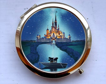 Mickey Minnie Romantic Cinderella Castle Boating Gift Gold Compact Pocket Mirror