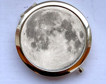 Lune céleste, planète, boule blanche, cadeau spatial galaxie, miroir de poche compact doré