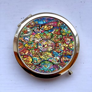 Stained Glass Disney Universe Pattern Aladdin Dumbo Mickey Minnie Gift Gold Compact Pocket Mirror