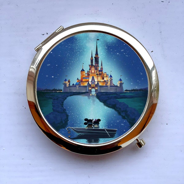 Mickey Minnie Romantic Cinderella Castle Boating Gift Gold Compact Pocket Mirror