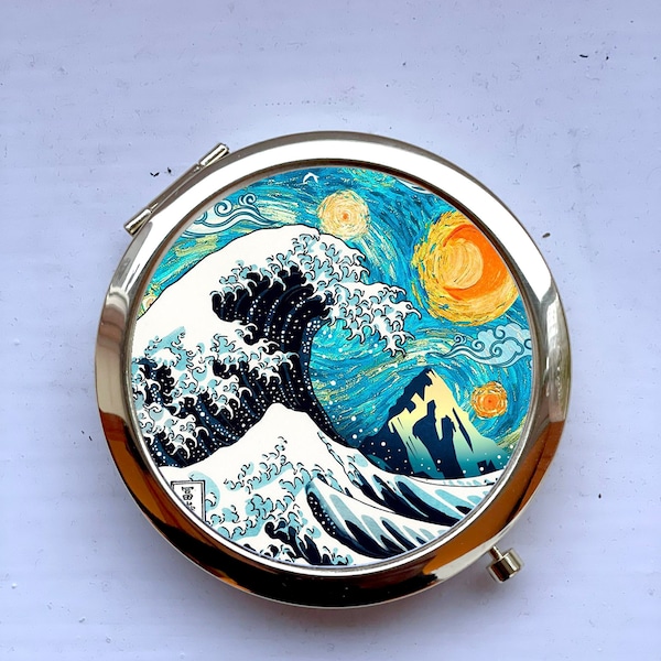 Starry Wave Of Kanagawa Japanese Giant Waves Tsunami Gold Compact Pocket Mirror