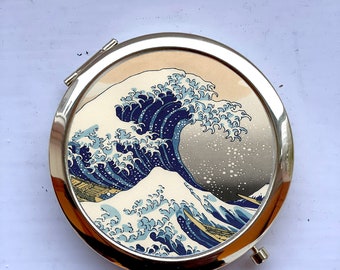 Miroir de poche compact en or tsunami, vagues géantes japonaises de la vague de Kanagawa