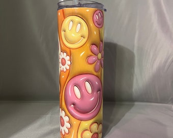 20 oz skinny straight 3D Retro Smiley Faces and Flowers Double Walled Stainless Steel Tumbler with lid, straw, care card and box