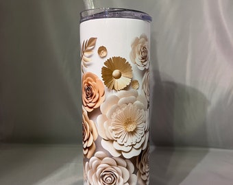 20 oz skinny straight 3D Peach, White, Gold and Rose Gold Flowers Double Walled Stainless Steel Tumbler with lid, straw, care card and box