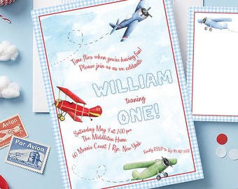 Airplane Birthday Invitation | Vintage Watercolor Plane | Boy's First Party
