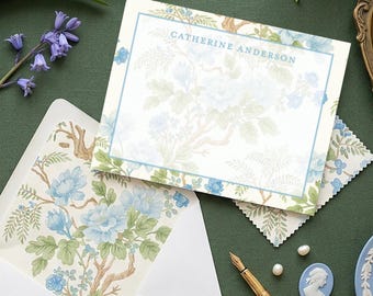Personalized Blue Floral Stationery | Chinoiserie Peony Note Cards