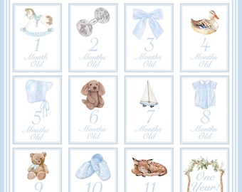 Boy Watercolor Milestone Cards / Baby Month Photo Cards / Preppy Baby Boy Milestone Cards / Classic Milestone Cards / Boy Baby Shower Gift