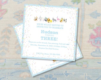 Party Animals Invitation Watercolor Balloon / Classic / Toddler / Zoo / Animals / Blue / Preppy / First / Birthday / Party / Toddler / Child
