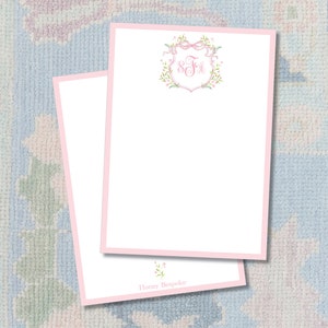 Pink Watercolor Crest Grandmillennial Stationery / Watercolor Floral Stationery/ Classy Stationery For Women / Hostess Gift Ideas