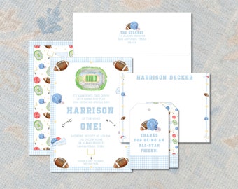 Blue First Year Down Invitation | Football 1st Birthday | Printable or Paper