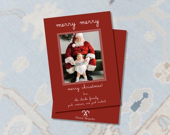 May include: Red Christmas cards with the words "merry merry" and "merry christmas!" in white script. The cards feature a photo of Santa Claus with a baby. The family's names are listed below the photo.