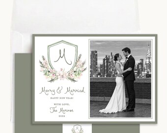 Merry and Married Christmas Photo Card: Personalized 5x7 Floral Monogram Crest