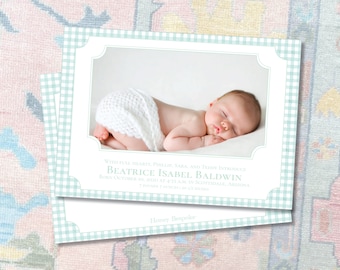 Baby Birth Announcement / Gingham / Classic / Baby / Birth / Green /Newborn / Girl / Boy / Invitation / Watercolor / Preppy