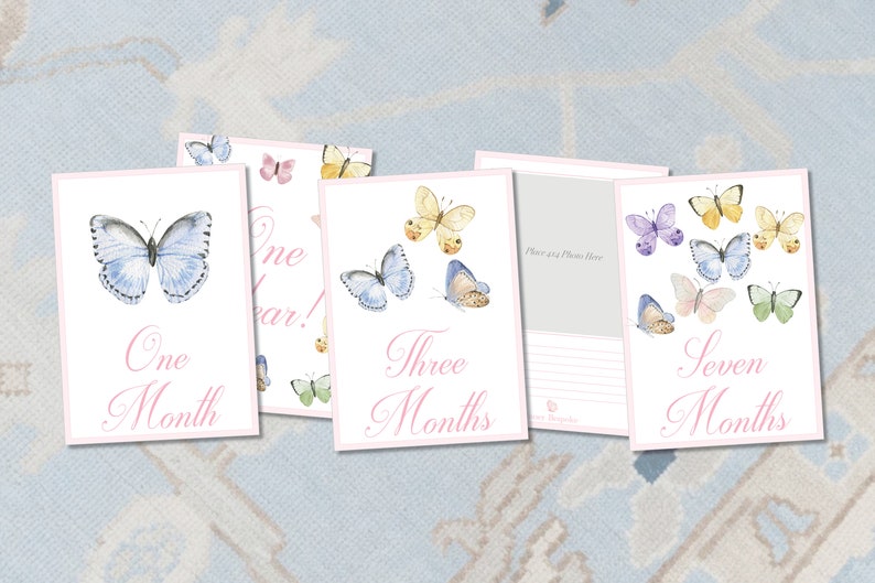 Girl Milestone Cards / Baby Month Photo Cards / Watercolor Butterflies / Baby Milestone Cards / Classic / Preppy Girl / Baby Shower / Month image 1