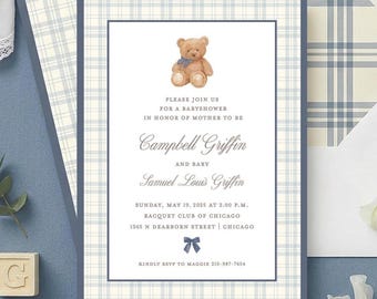Teddy Bear Baby Shower Invitation Boy | Blue Plaid Watercolor Bear Shower Invite | Preppy Baby Boy Shower