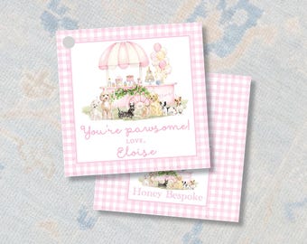 Pink Puppy Party Tags | Lets Pawty Stickers | Gingham Birthday