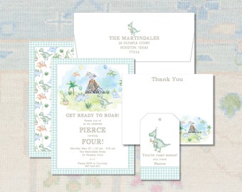 May include: A blue and green dinosaur-themed birthday party invitation with a watercolor illustration of a volcano, palm trees, and dinosaurs. The invitation reads "Get Ready to Roar! Please join us as we celebrate Pierce turning Four!" with the date, time, and location of the party. The invitation also includes a thank you card with the text "Thank You" and a gift tag with a dinosaur illustration and the text "You're roar some! your friend, Pierce."