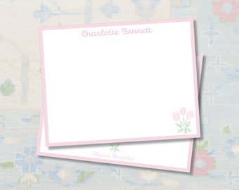 Personalized Stationery For Girls / Flower Stationery Set / Notes From The Nursery / Notecards  /Watercolor Thank you Note / Bow /Pink