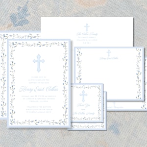 Boy Baptism Invitation | Watercolor Cross | Blue Floral Border | Baby Dedication Invite