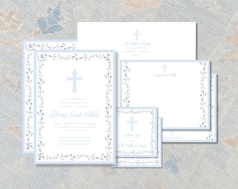 Boy Baptism Invitation | Watercolor Cross | Blue Floral Border | Baby Dedication Invite