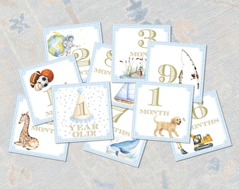 Preppy Baby Boy Milestone Cards | Watercolor Monthly Cards for First Year Photos