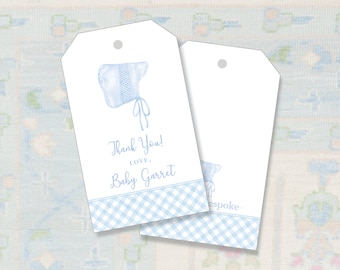 Watercolor Baby Bonnet Gift Tag / Blue Gingham Baby Shower Gift Tag / Printable Gift Tags / Oh Boy Gift Tag