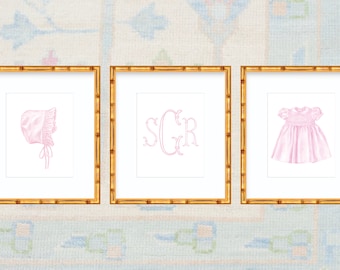 Watercolor Baby Girl Nursery Art Print / Grandmillennial Nursery / Girl Art Print / Girl Nursery / Smocked Dress / Baby Shower Gift