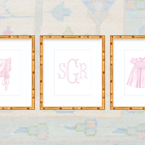 Watercolor Baby Girl Nursery Art Print / Grandmillennial Nursery / Girl Art Print / Girl Nursery / Smocked Dress / Baby Shower Gift