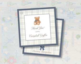 Teddy Bear Baby Shower Gift Tags | Blue Gingham Beary Preppy Stickers