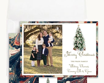 Marbled Christmas Tree Photo Card: Personalized 5x7 Navy and Red Watercolor Design