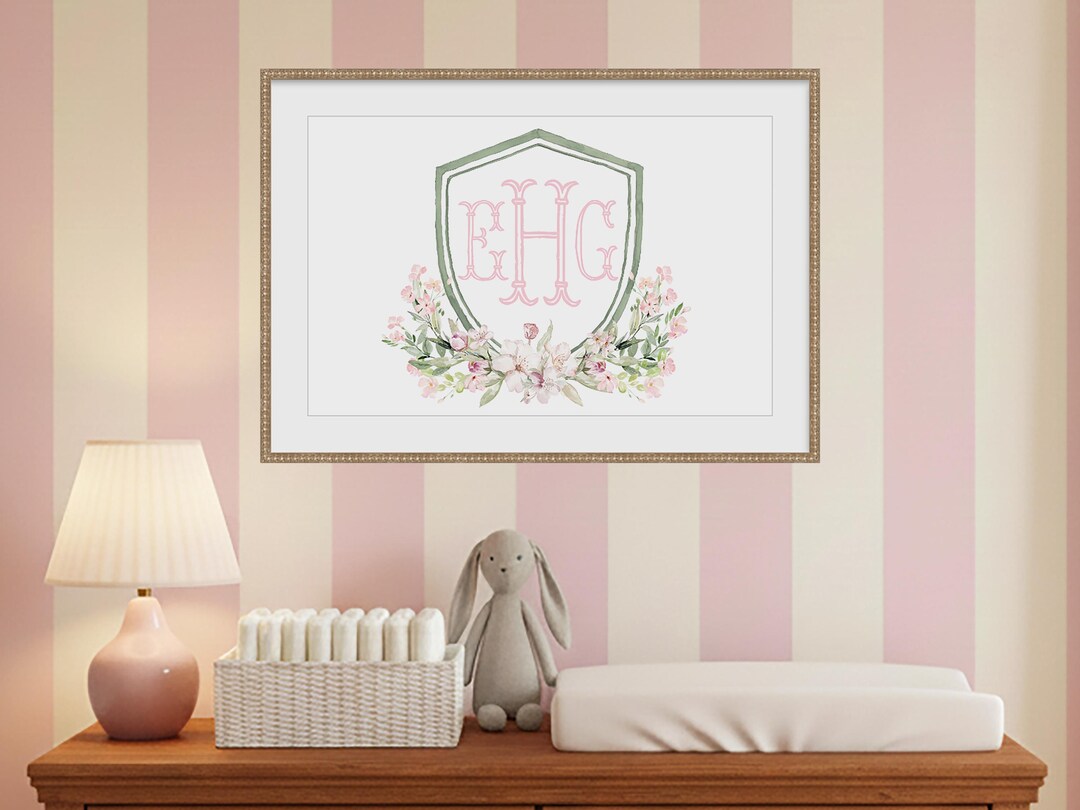 Watercolor Floral Monogram Crest | Nursery Baby Art - Etsy