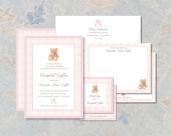 Personalized Pink Bear Baby Shower Invitation | Preppy Plaid Girl Invite | Polo Style