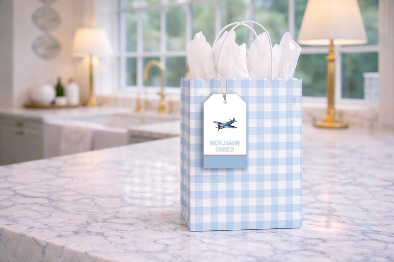 A blue and white checkered gift bag with a tag that reads "Benjamin Cohen" sits on a marble countertop in a kitchen.