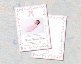 Birth Announcement Card Pink Floral Bow | Personalized Newborn Photo