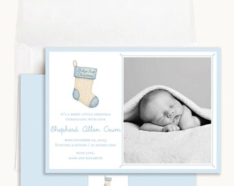 Baby’s First Christmas Photo Card: Personalized 5x7 Blue Stocking Design