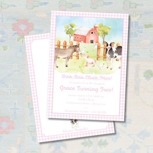Pink Oink Moo Cockadoodle Doo Birthday Invitation / Farmer Birthday Party Invite / Charlottes Web Birthday /  Little Girl Birthday / Preppy