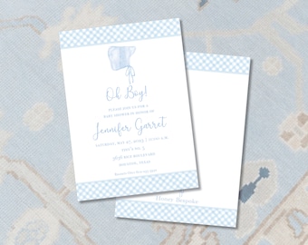 Oh Boy Baby Shower Invitation / Preppy Baby Boy Shower Invitation / Watercolor Blue Bonnet Baby Shower / Gingham Baby Invitation