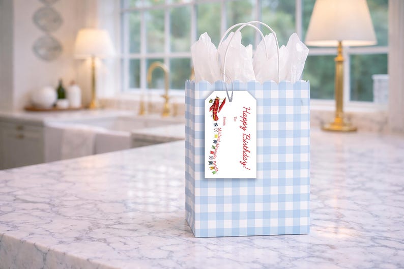 A blue and white checkered gift bag with a tag that reads "Happy Birthday!" is placed on a marble countertop in a kitchen setting.