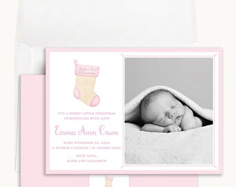 Baby’s First Christmas Photo Card: Personalized 5x7 Pink Stocking Design