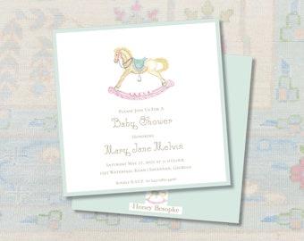 Watercolor Rocking Horse Baby Shower Invitation for Baby Girl Vintage