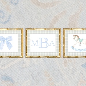 Watercolor Boy Nursery Art Print / Grandmillennial Nursery Art / Boy Art Print / Blue Bow / Baby Shower Gift / Gingham / Rocking Horse