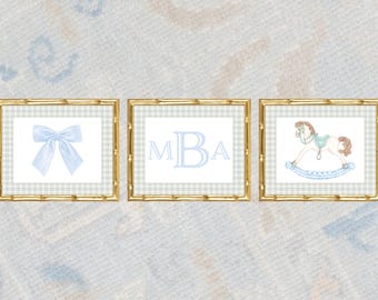 Boy Monogram Nursery Art | Watercolor Rocking Horse and Bow
